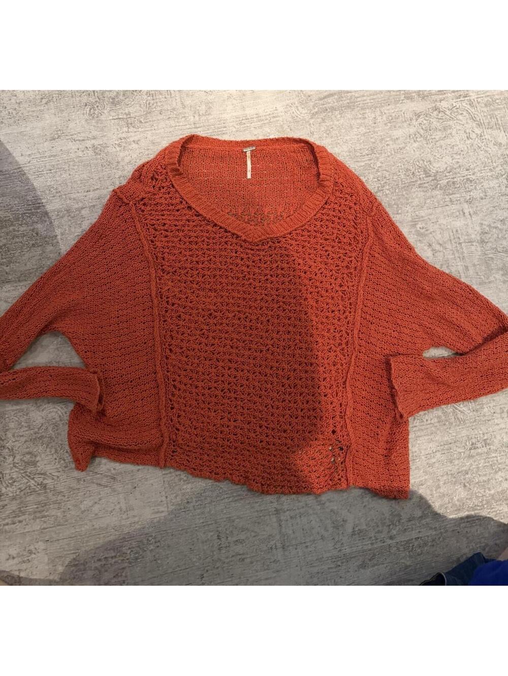 Free People Oversized Open Knit Burnt Orange v Neck sweater small